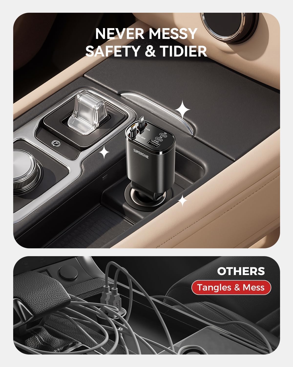 SUPERONE 90W Retractable Car Charger, Dual USB-C Cables Fast Charger Black