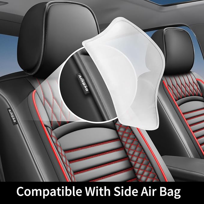 Fit Ridgeline Car Seat Covers for Honda Ridgeline 2007-2025 2026 - Upgraded Premium Waterproof & Breathable Leather, Airbag Compatible, All-Weather Seat Cushion Protector (2 Front/Black+Red)