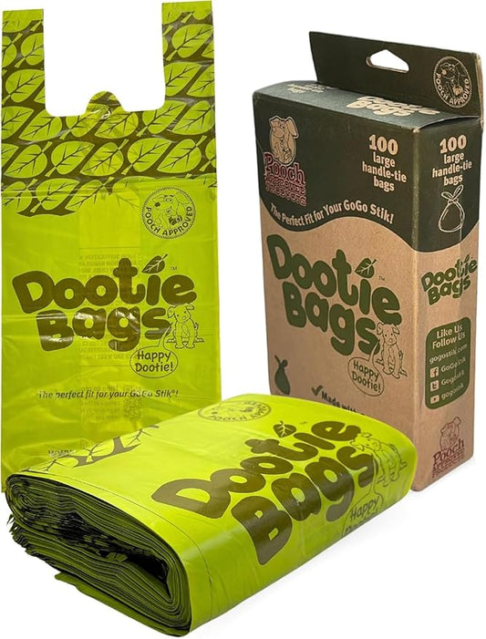 Pooch Approved Large Dootie Bags - Dog Poop Bags - Tie-Handles - 100 Count Dootie Strong and Leakproof - Perfect for Dogs & Cats - Litter - Pet Waste Cleanup - Swivel Bin & GoGo Stik Scoopers