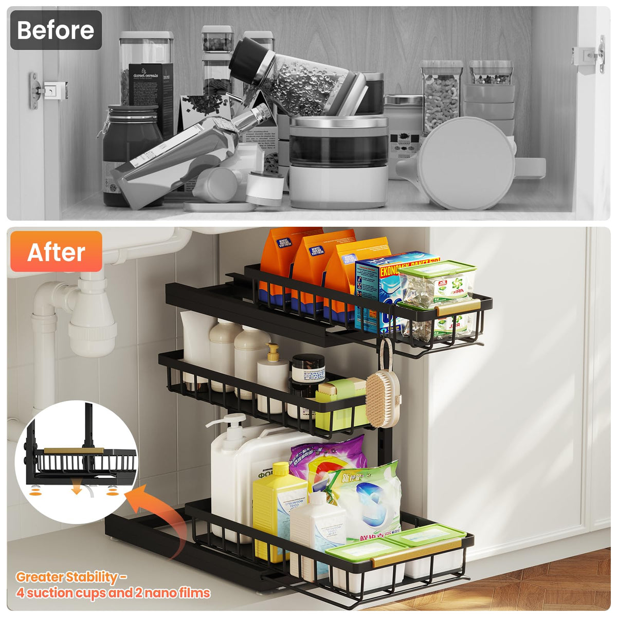 Under Sink Organizer and Storage for Bathroom and Kitchen - 2 Pack 3 Tier