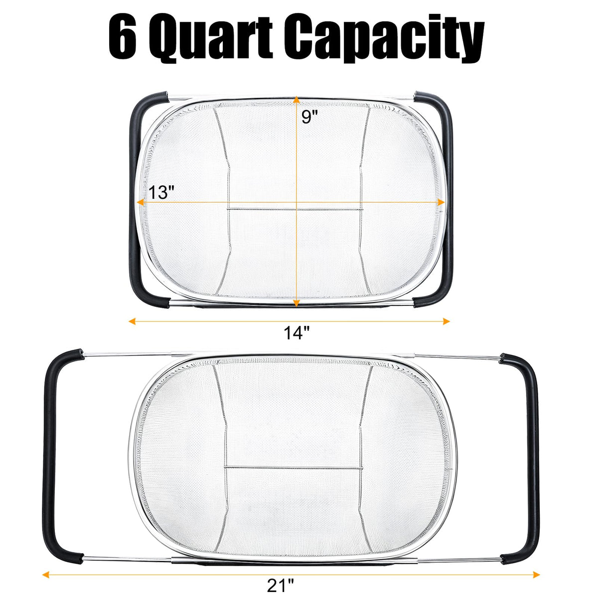 Suwimut 2 Pack Over the Sink Oval Colander for Kitchen, Stainless Steel Fine Mesh 6 Quart Strainer Basket with Expandable Rubber Grip Handles for Straining, Draining, Rinsing Fruits, Vegetables