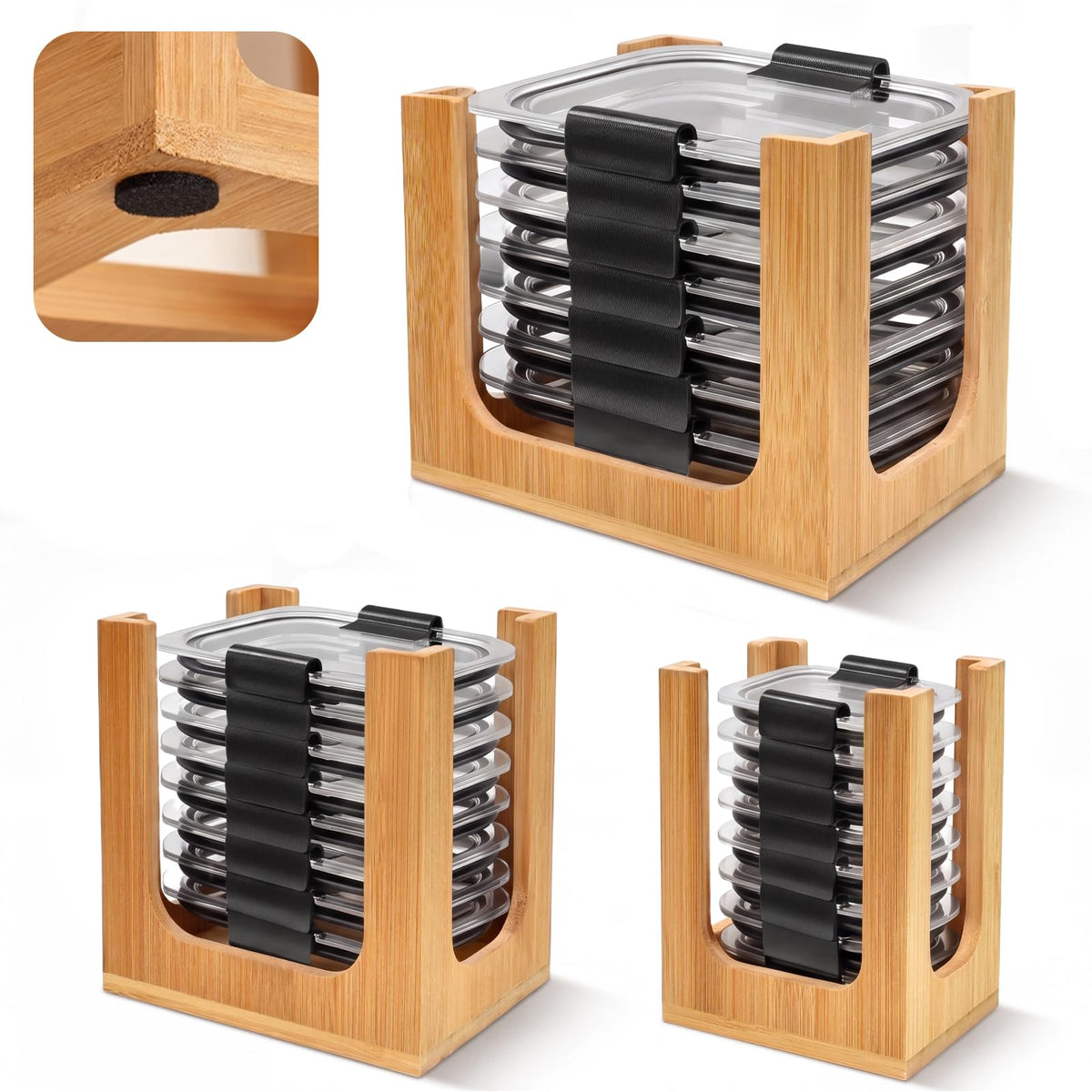 Ojanoot 3 PCS Bamboo Lid Organizer for Rubbermaid Brilliance, Food Storage Container Lid Holder Rack, Kitchen Cabinet Countertop Storage, Fits 0.5, 1.3, 2.85, 3.2, 4.7, 6.6, 7.8, 12 & 16 Cup Lids