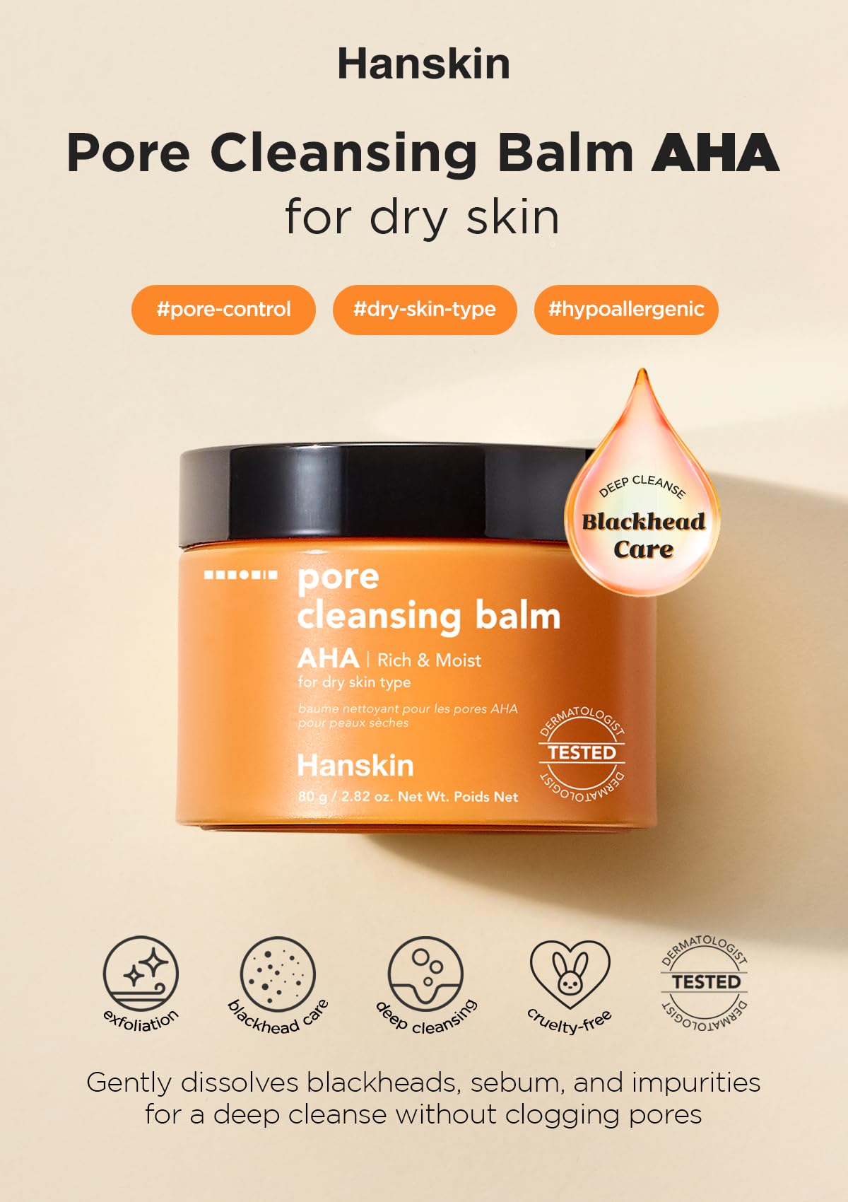 Hanskin AHA Pore Cleansing Balm for Dry Skin, Makeup Remover, 2.82 oz