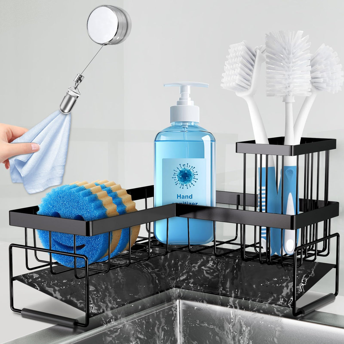 RealPlus Large Sponge Holder for Sink Caddy, 90° Kitchen Sink Organizer