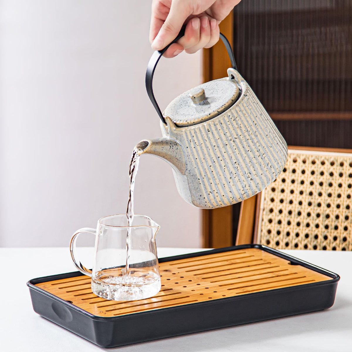 Yundu Ceramic Teapots for Tea, 1000ml/33.8oz Tea Pot with Infusers for Loose Tea, Striped Tea Pot with Removable Tea Infuser - Reactive Grey