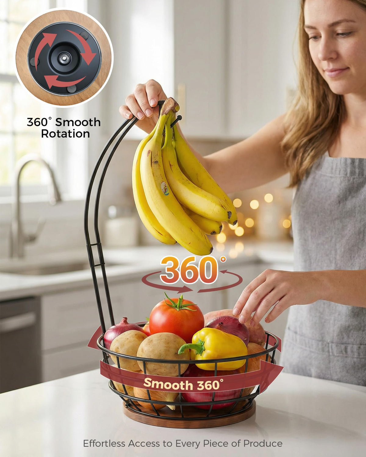 Sevenblue 360° Rotating Fruit Bowl for Kitchen Counter with Banana Holder