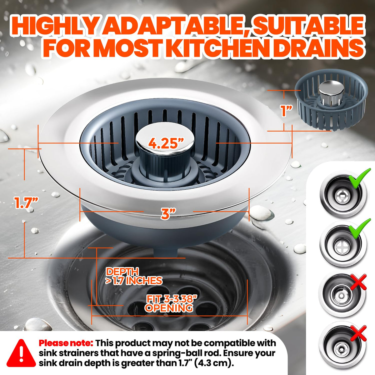 Nipoko 3 in 1 Kitchen Sink Drain Strainer and Stopper Silver 1 Pack