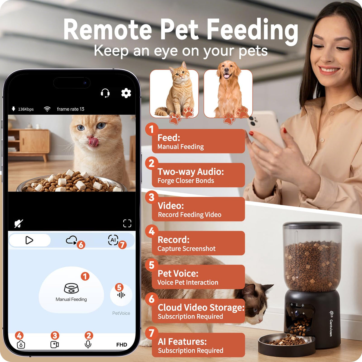 Centvicam Automatic Cat Feeder with 2K Camera: 5G WiFi Automatic Dog Feeder
