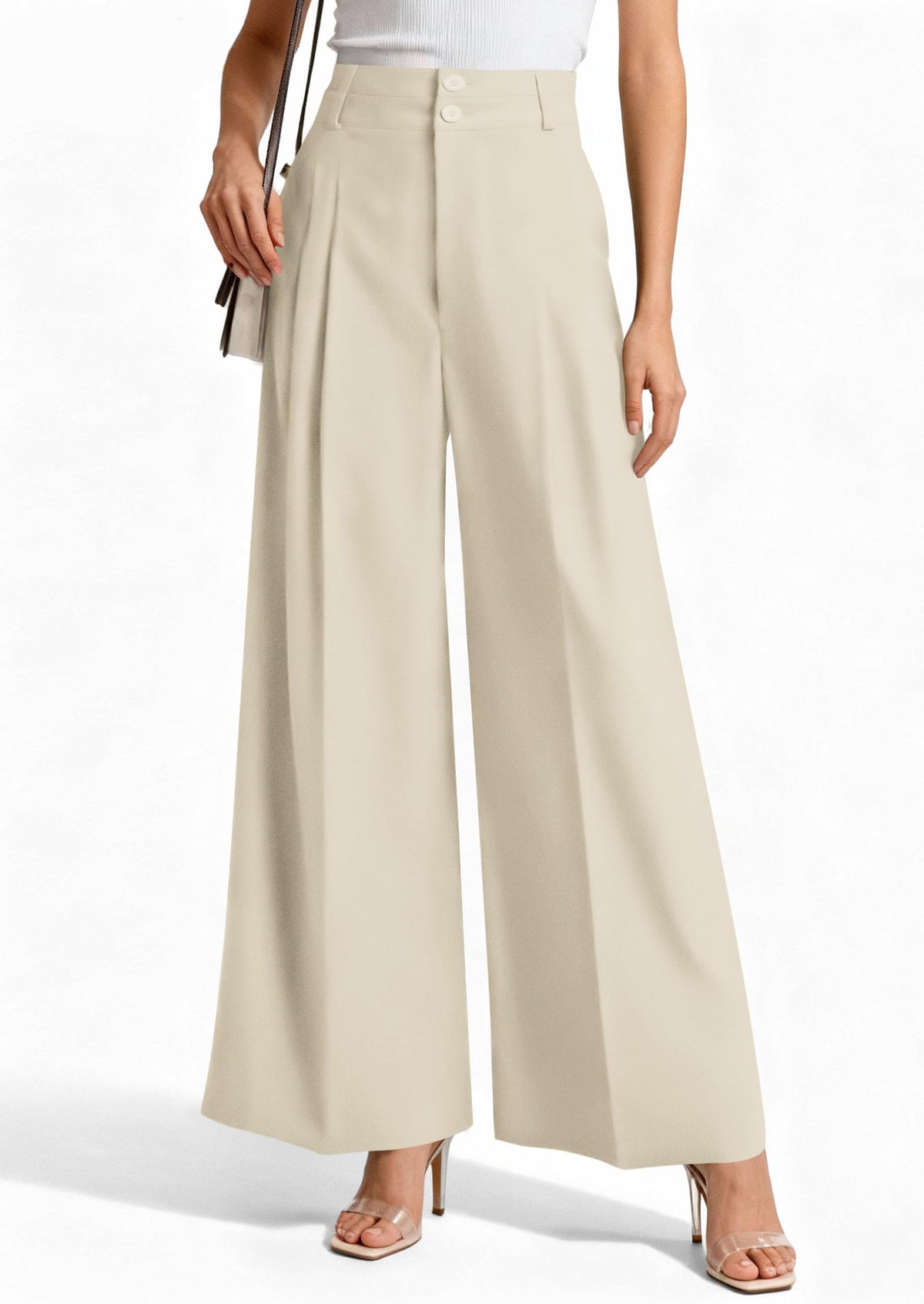 PRETTYGARDEN Women's High Waisted Wide Leg Dress Pants,Beige,L
