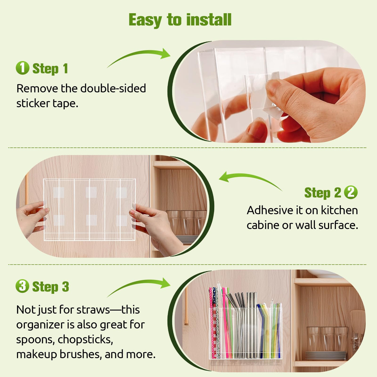 9.6” Large Acrylic Straw Holder for Cabinet Door - 6 compartments, easy to clean, Reusable Tumbler Straw Organizer Storage, Small Kitchen Accessories Container, Ultra Sticky Cupboard Door Mounted