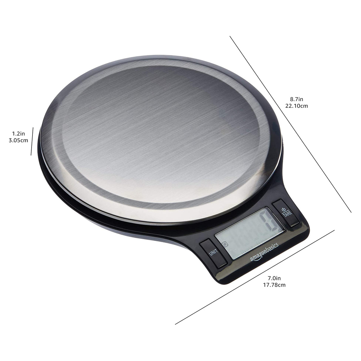 Amazon Basics Digital Kitchen Scale with LCD Display, Tare Function, Multiple Units, Weighs up to 11 Pounds, Batteries Included, Black and Stainless Steel