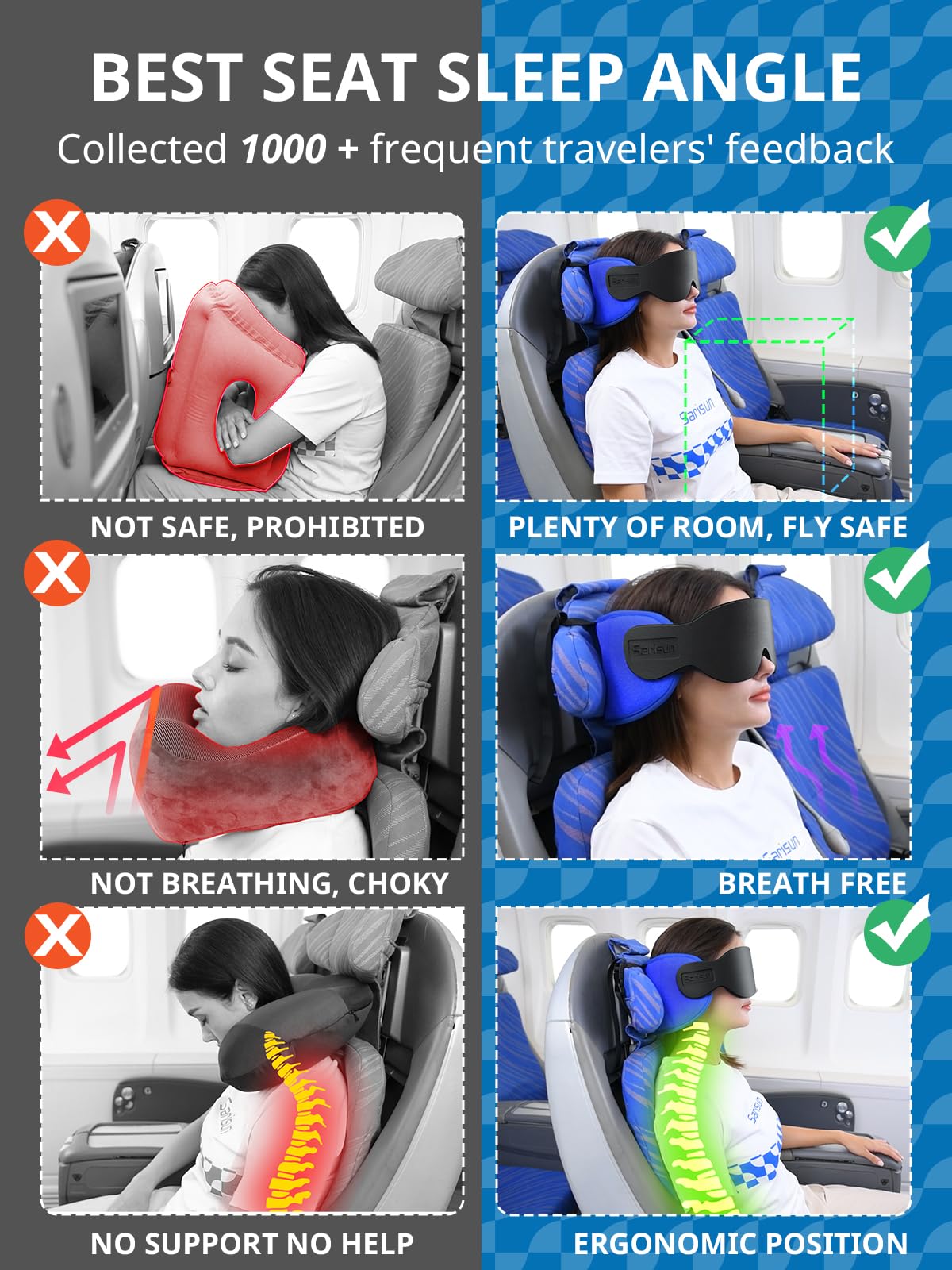 SARISUN Travel Pillow for Airplanes Sleep, Seat Strap for Stable Support