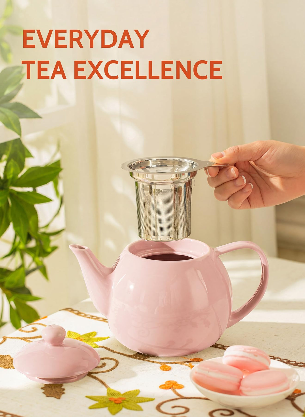 Sweese Porcelain Teapot 27 oz with Infuser for Loose Leaf Tea, Pink