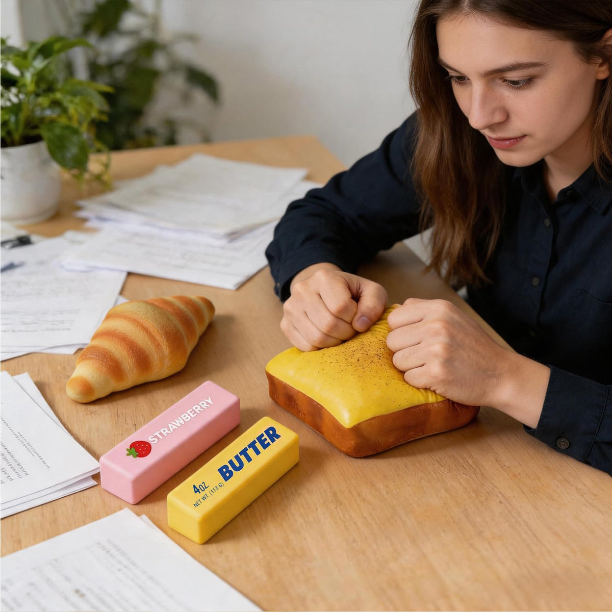 4Pcs Squishy Toys Set, Slow Rising Butter Squishy, Toast Bread and Croissant Squishies, Soft PU Foam Squeeze Toys for Stress Relief, Fidget Toys, Party Favors, Desk Toys, Gifts for Adults