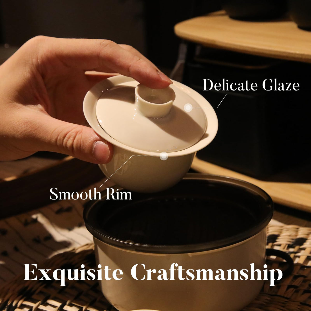 Portable Gaiwan Gongfu Tea Set with Tray, Chinese Tea Set for 1-3, Travel Tea Set with Cups & Fairness Pitcher, Ceramic Kung Fu Tea Set for Loose Leaf & Tea Bag (Wood Ash Glaze)