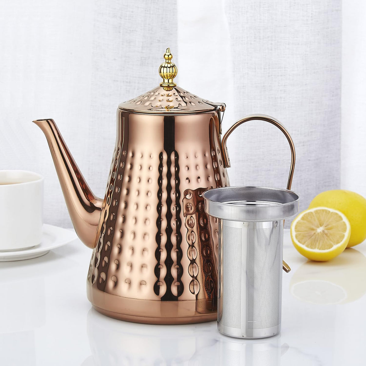 SANQIAHOME 1.8L(60oz) Stainless Steel Hammer Patterned Teapot With Removeable Infuser,Loose leaf cover,Copper