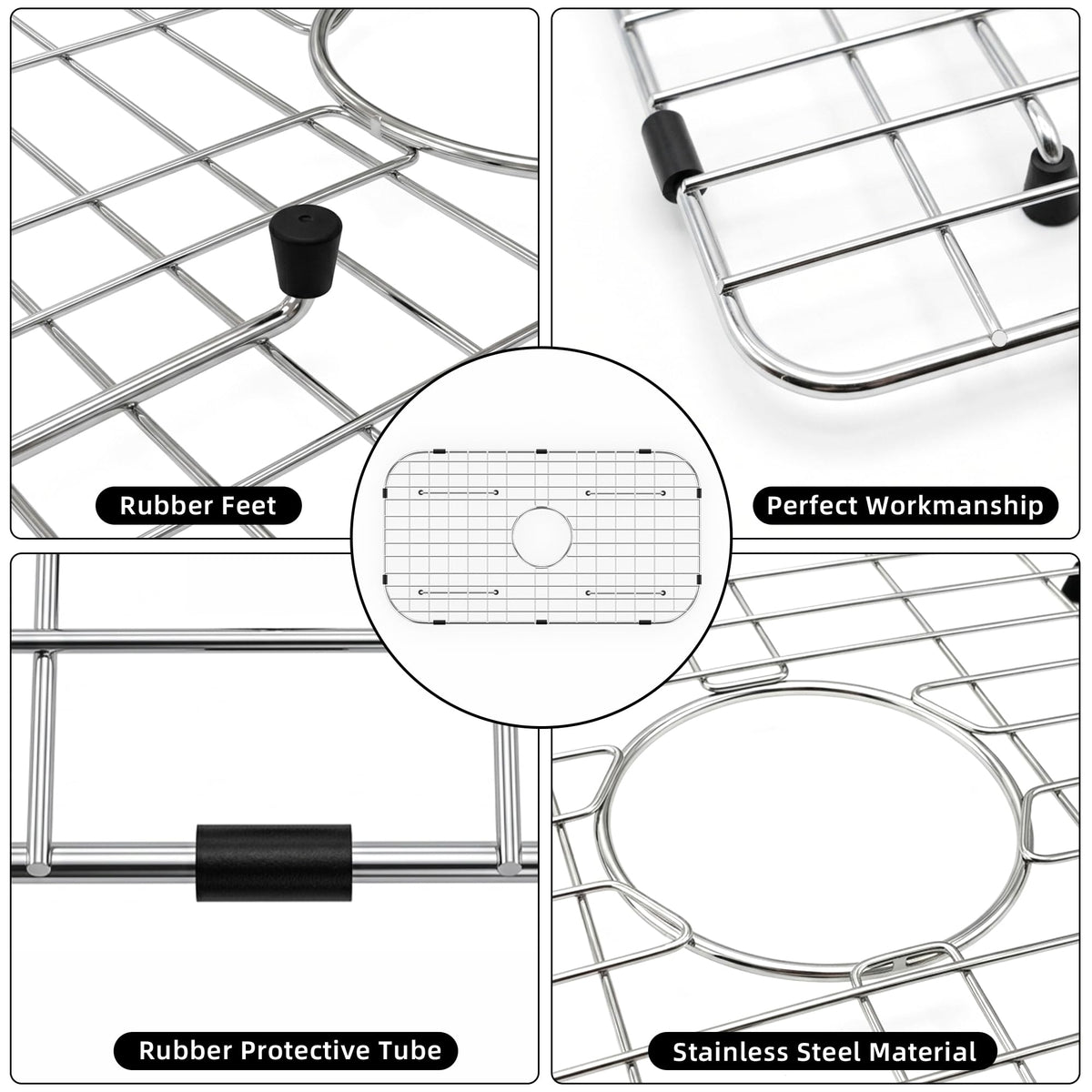 BOMD Sink Protector Grid 26-1/16" x 14-1/16", Centered Drain with Corner Radius 3-1/2" for Kitchen Sink Centered Drain with Corner Radius, 304 Stainless Steel Material