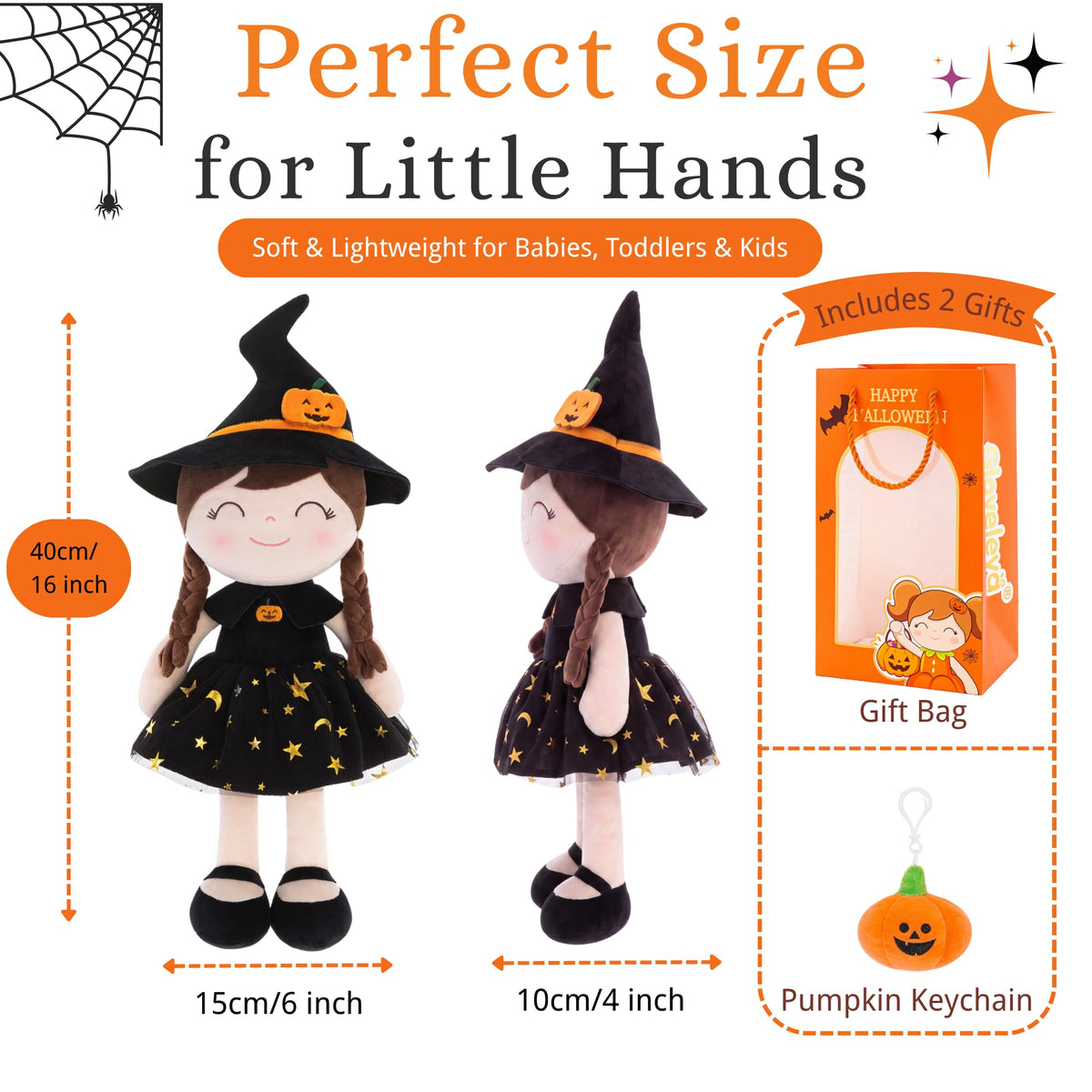 Gloveleya Halloween Soft Plush Toy, Baby Girl Gifts, Witch Doll, Black Dress, 16 Inch