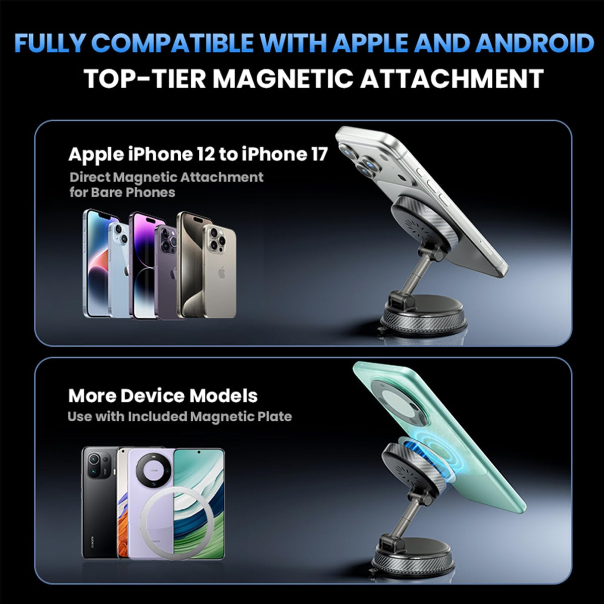 15W Wireless Charging Car Phone Holder, Vacuum Magnetic Mount with Suction