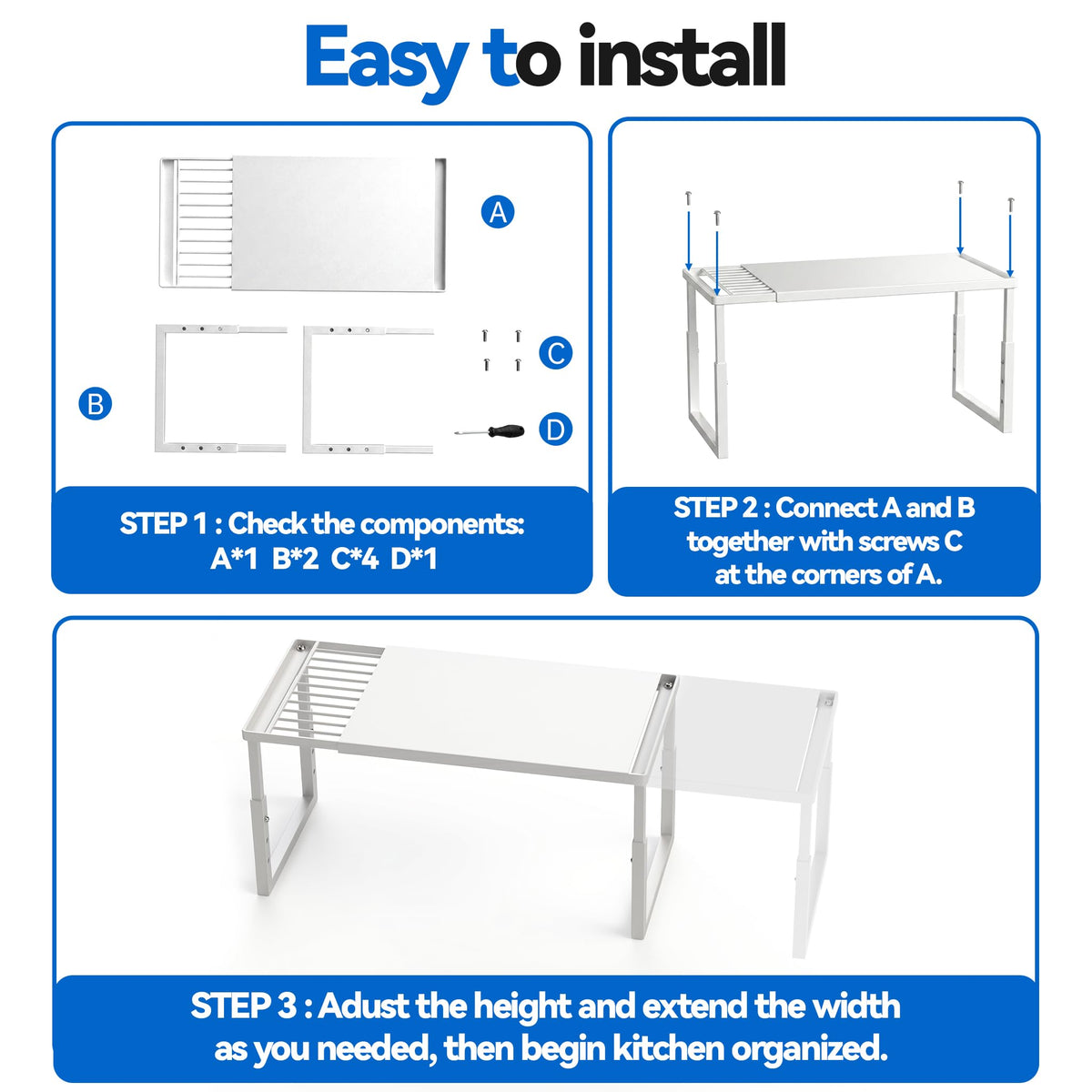 2 Packs Expandable Cabinet Shelf Organizer, Stackable Countertop Shelves