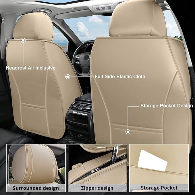 AOMSAZTO Car Seat Cover Full Set 5 Seats Fit for Ford Escape 2001-2026 Leather Car Seat Cushion Protector Compatible Airbag Waterproof Automotive Seat Covers Beige