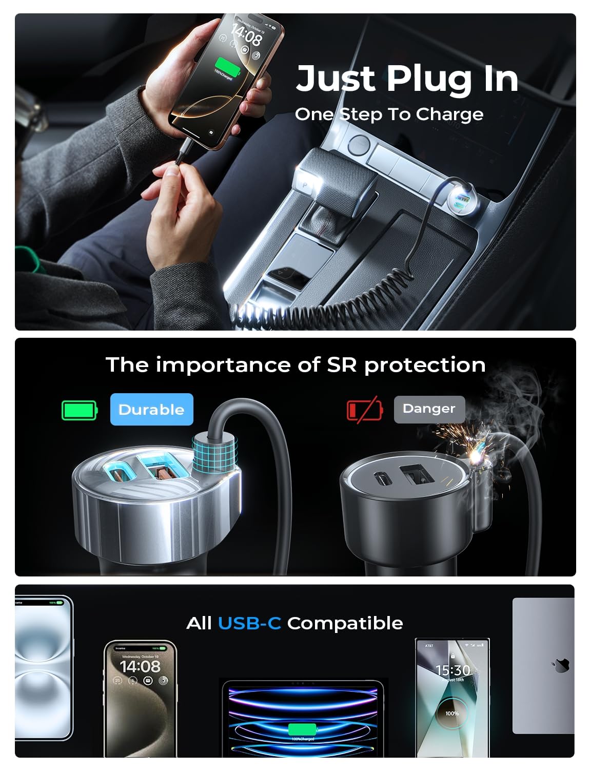 LISEN 65W for iPhone 17 Pro Max Car Charger USB C Fast Charging,Super Fast iPhone 16/17 Pro Car Charger Type C Adapter Fit iPhone 17 Air ProMax Plus/16/15, Samsung Galaxy S25/24,Sliver, 36 inch