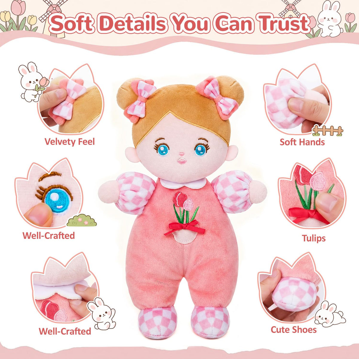 OUOZZZ Soft Baby Doll 10" Tulip Pink Snuggle Buddy Doll
