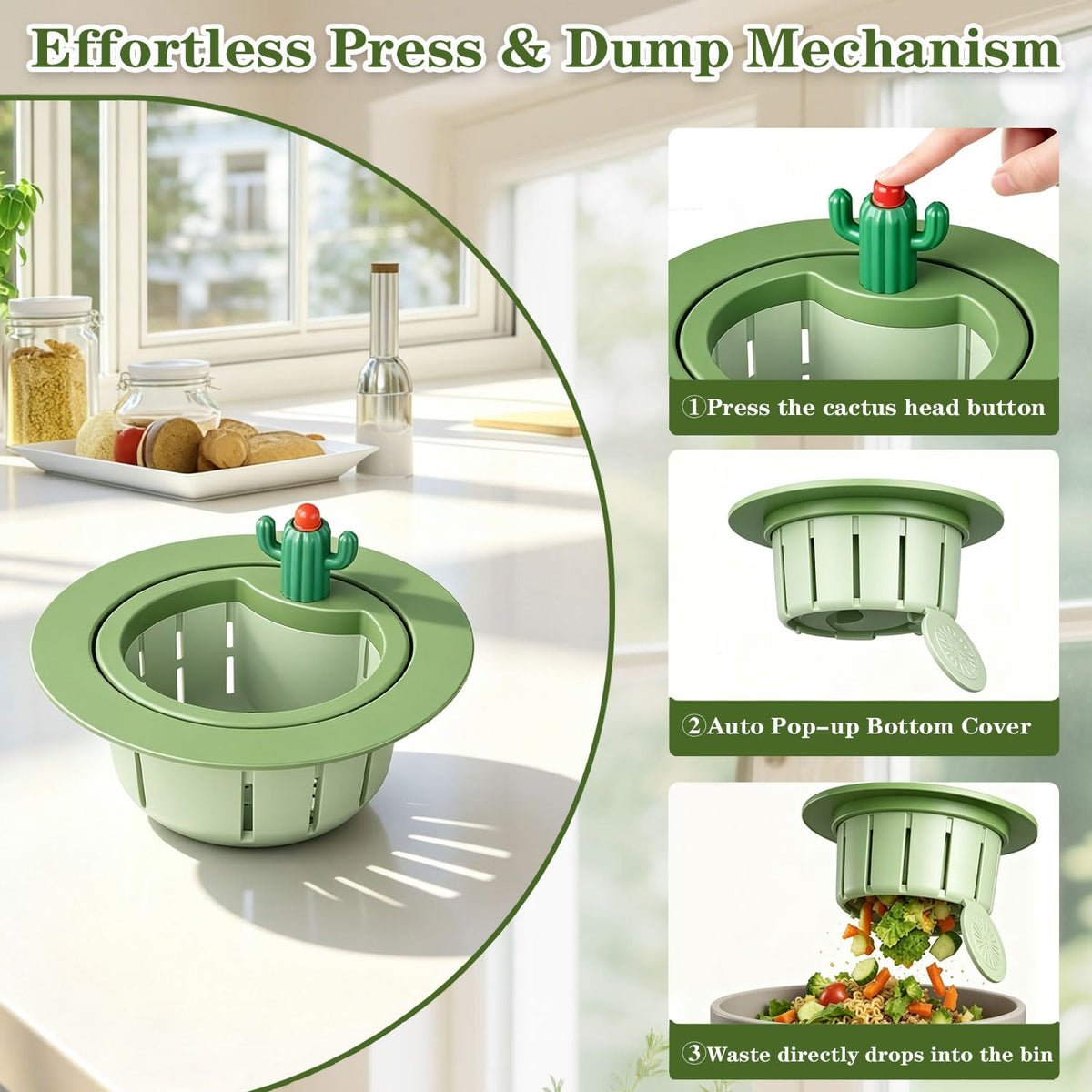4Pcs Cactus Kitchen Sink Drain Strainer,2026 Upgrade Press to Dump Basket Waste Collector,Multifunctional Kitchen Sink Drain Strainer Fun Sink Accessory for Home Bathroom (Green+Yellow)