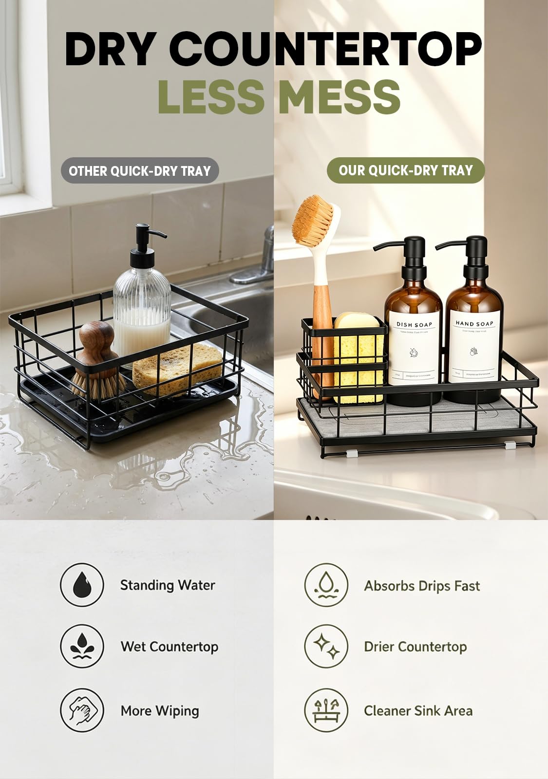 [Extra Large] Kitchen Soap Dispenser Set, 2 Glass Dish Soap Dispensers with Stainless Steel Pumps, Quick-Dry Stone Tray, Sink Caddy Organizer with Sponge Holder, All-in-One Countertop Organization Set