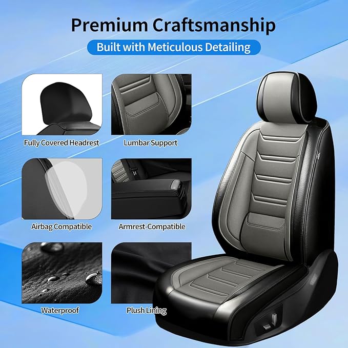 Fit HR-V Car Seat Covers for Honda HRV 2016-2025 2026 LX/EX/EXL/Sport - Full Coverage Leather, Airbag Compatible, Breathable Waterproof All Weather Seat Protector, Full Set, Black+Gray