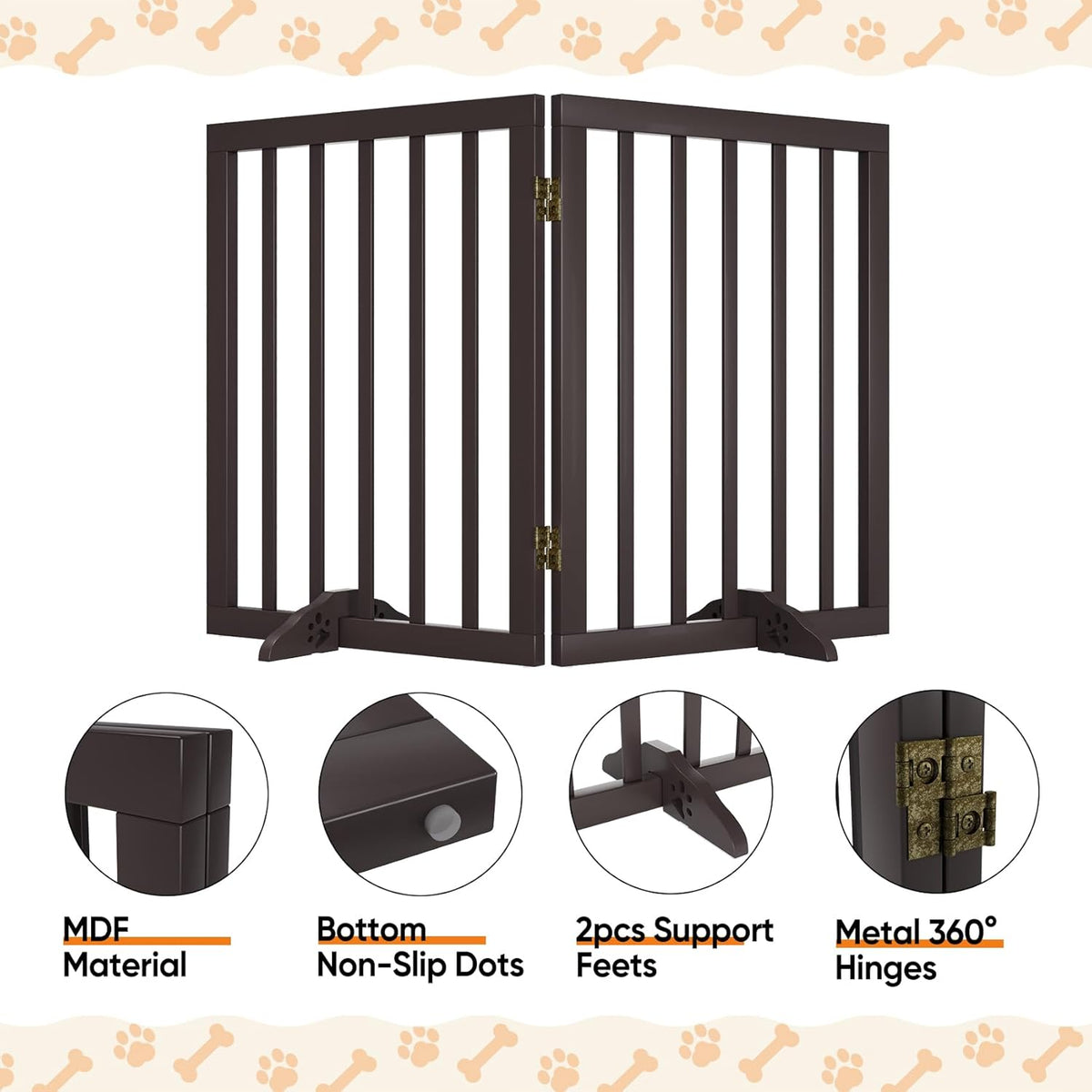 Freestanding Foldable Dog Gate 2 Panel,Fully Assembled Dog Gates for Doorways, Wooden Pet Gates for The House, 24-inch Tall Pet Gate Indoor