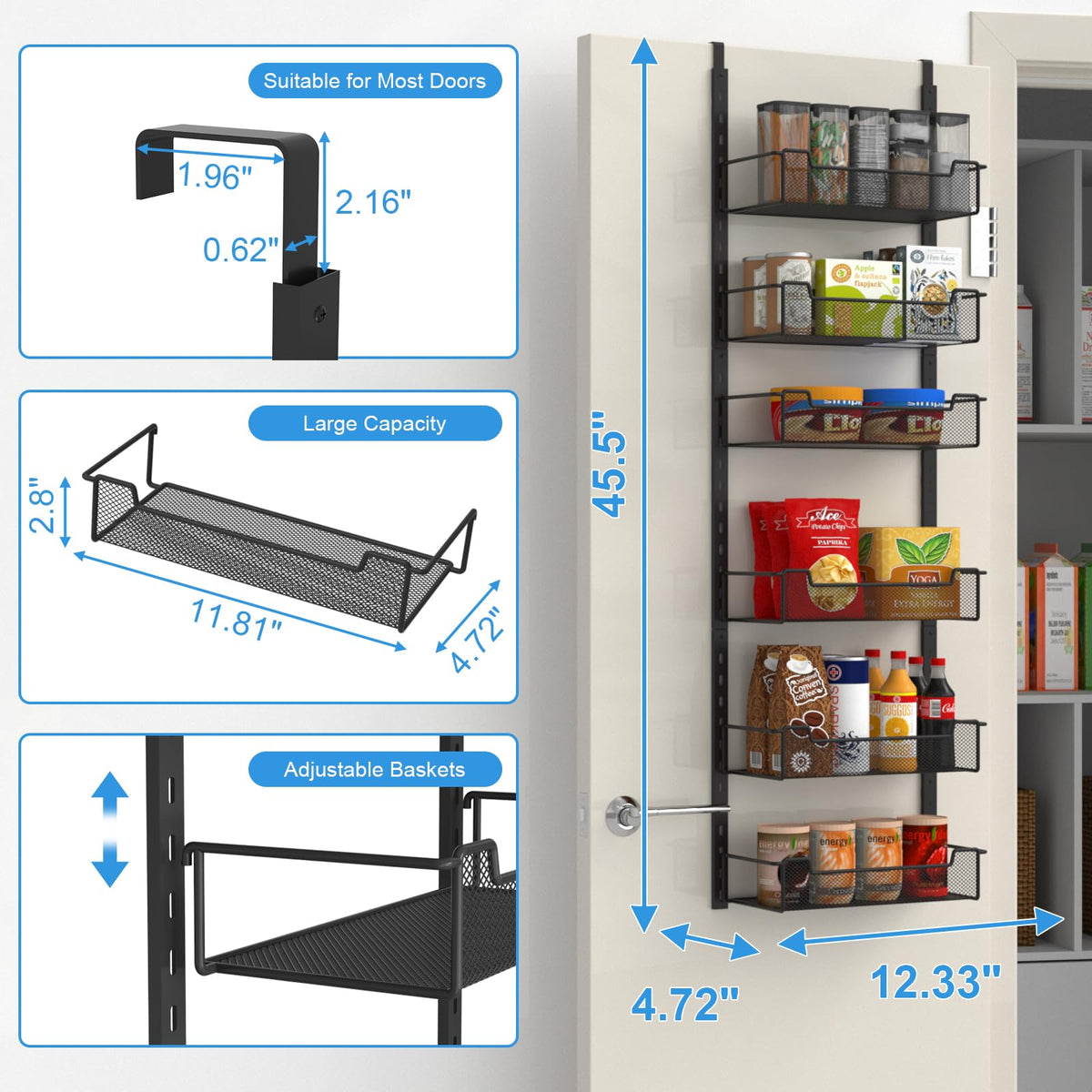 VyGrow 12.3" W Narrow Over the Door Pantry Organizer, 6-Tier Over the Door Organizer with Adjustable Basket, Pantry Door Organization for Pantry Kitchen Storage Room Spice Rack, Black