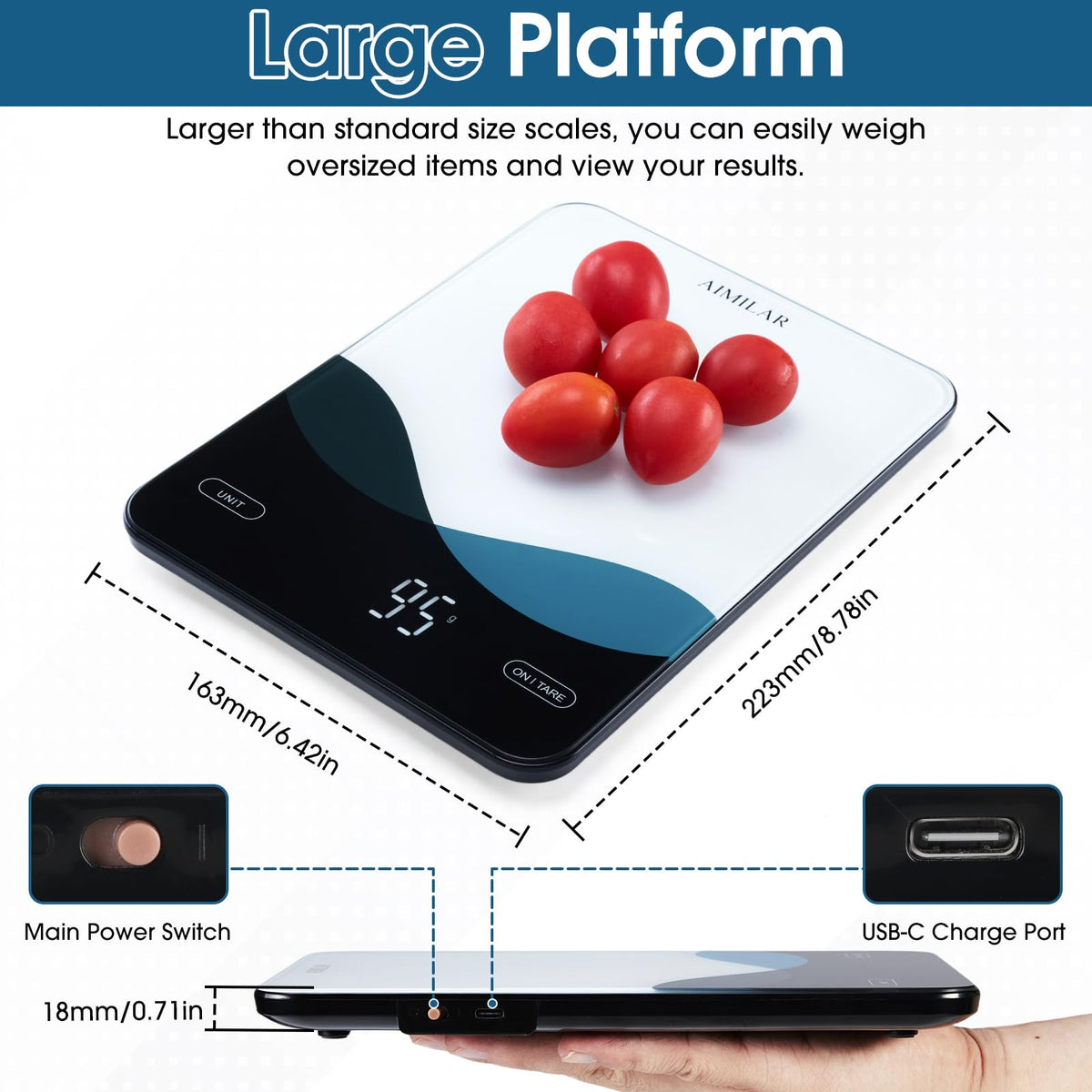 AIMILAR Bluetooth Smart Kitchen Scale 10kg/22lb - Nutrition Food Scale with App Calorie & Macro Tracker, 19+ Nutrients Analysis, USB-C Rechargeable, Tempered Glass, LED Display