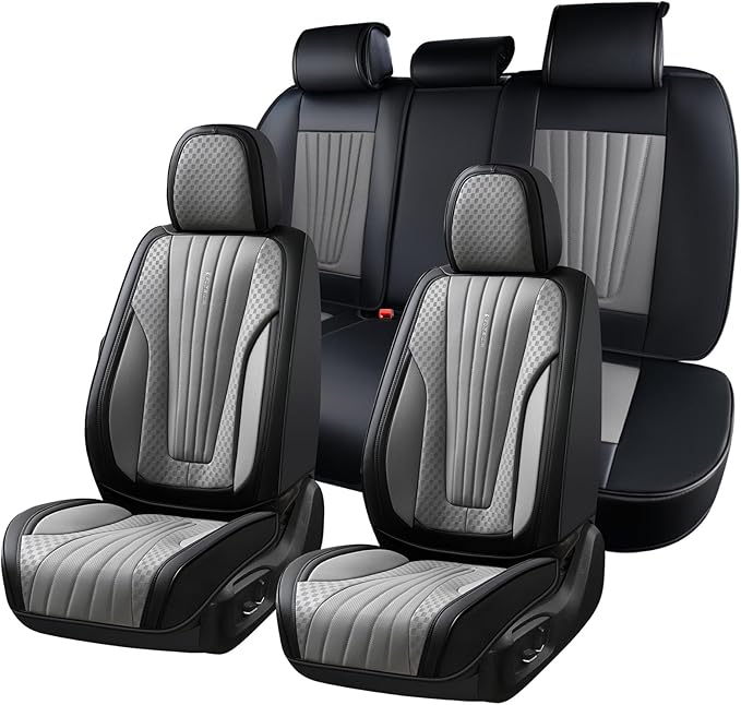 FLORICH Car Seat Covers, Premium Leatherette Car Seat Covers Full Set, Automotive Vehicle Seat Cushions Front Seats and Back, Waterproof Seat Protectors for Sedans Cars SUV Trucks, Black&Gray