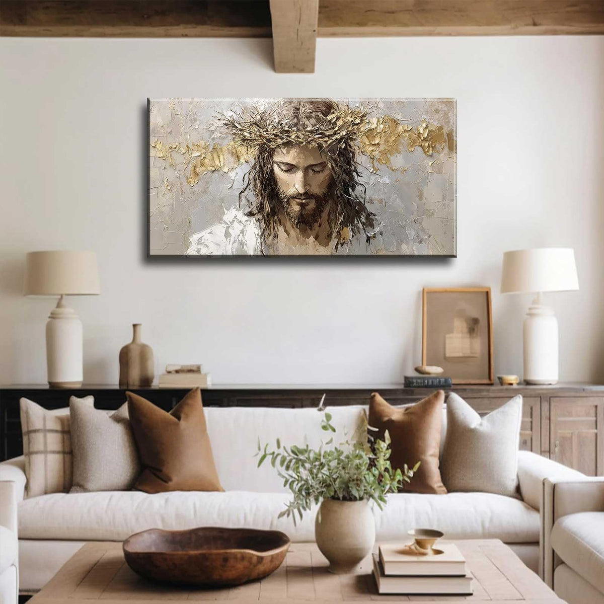 Large Jesus Portrait Canvas Wall Art Abstract Gold Thorns Jesus Painting Decor Pictures Beige Gray Christian God Posters Prints for Dining Living Prayer Room Kitchen Church Wall Bedroom Decoration