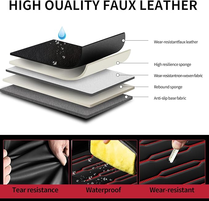 Fit Ridgeline Car Seat Covers for Honda Ridgeline 2007-2025 2026 - Upgraded Premium Waterproof & Breathable Leather, Airbag Compatible, All-Weather Seat Cushion Protector (Full Set, Black+Red)