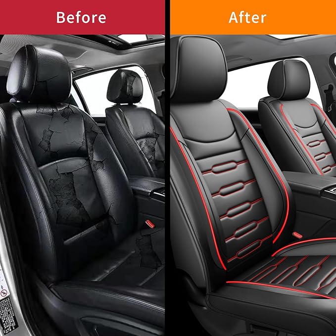 Fit Ridgeline Car Seat Covers for Honda Ridgeline 2007-2025 2026 - Upgraded Premium Waterproof & Breathable Leather, Airbag Compatible, All-Weather Seat Cushion Protector (2 Front/Black+Red)