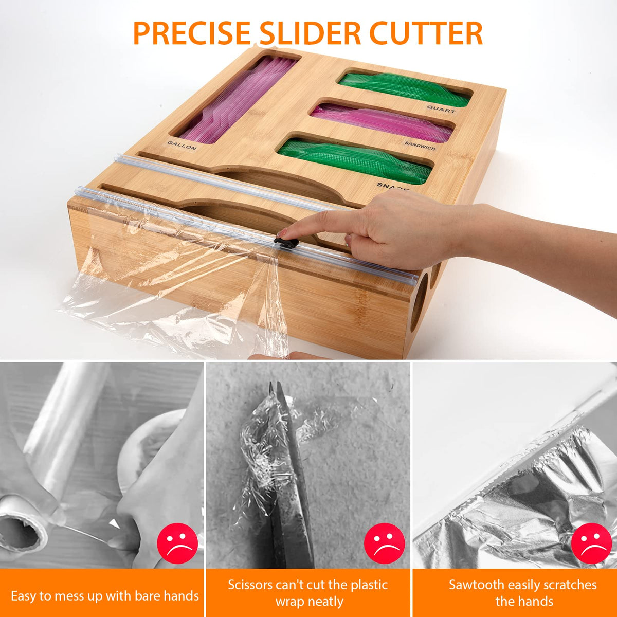 Storage Bag Organizer with Foil and Plastic Wrap Organizer , Aluminum Foil Dispenser with Cutter, Bamboo 6 in 1 Baggie Organizer Suitable for Gallon, Quart, Sandwich, Snack