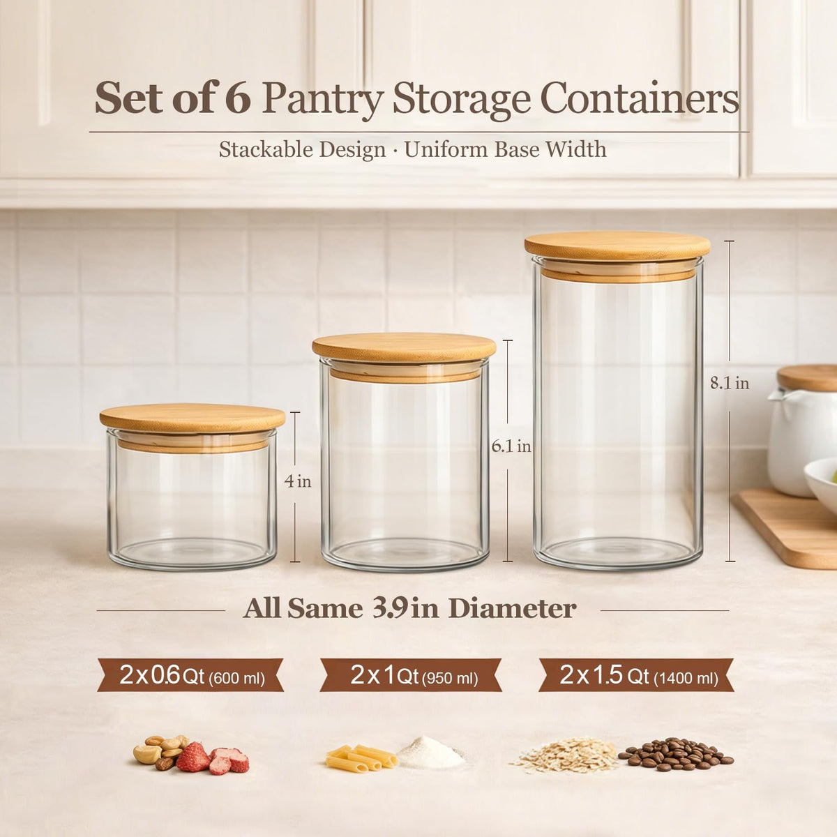 ComSaf Glass Storage Containers with Lids, Set of 6 Jars (0.6Qt/1Qt/1.5Qt)