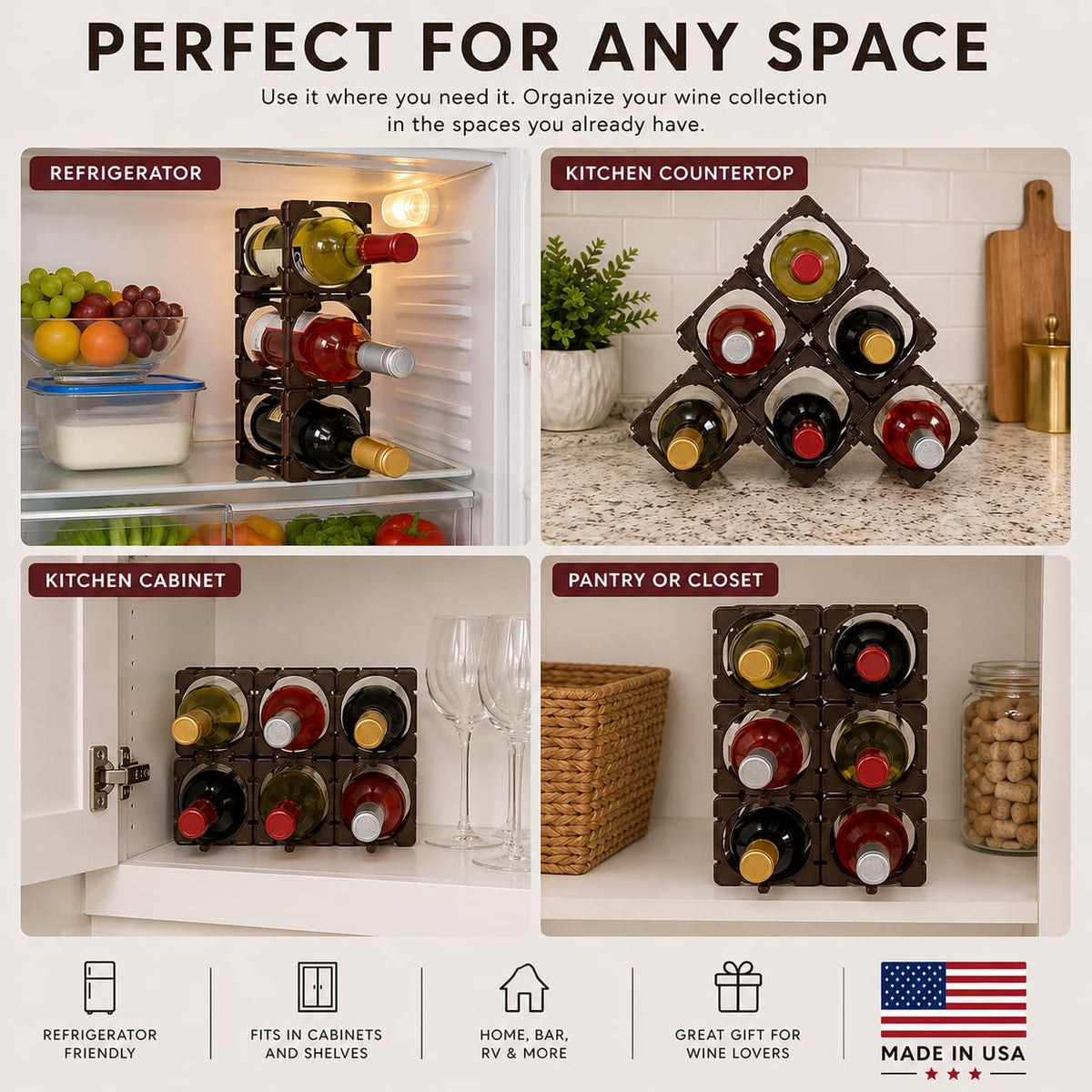 smart spring Modular Wine Rack System – Stackable & Expandable Wine Storage Rack, Customizable Bottle Organizer for Countertop, Cabinet or Fridge – Made in USA (6, Espresso Reserve)