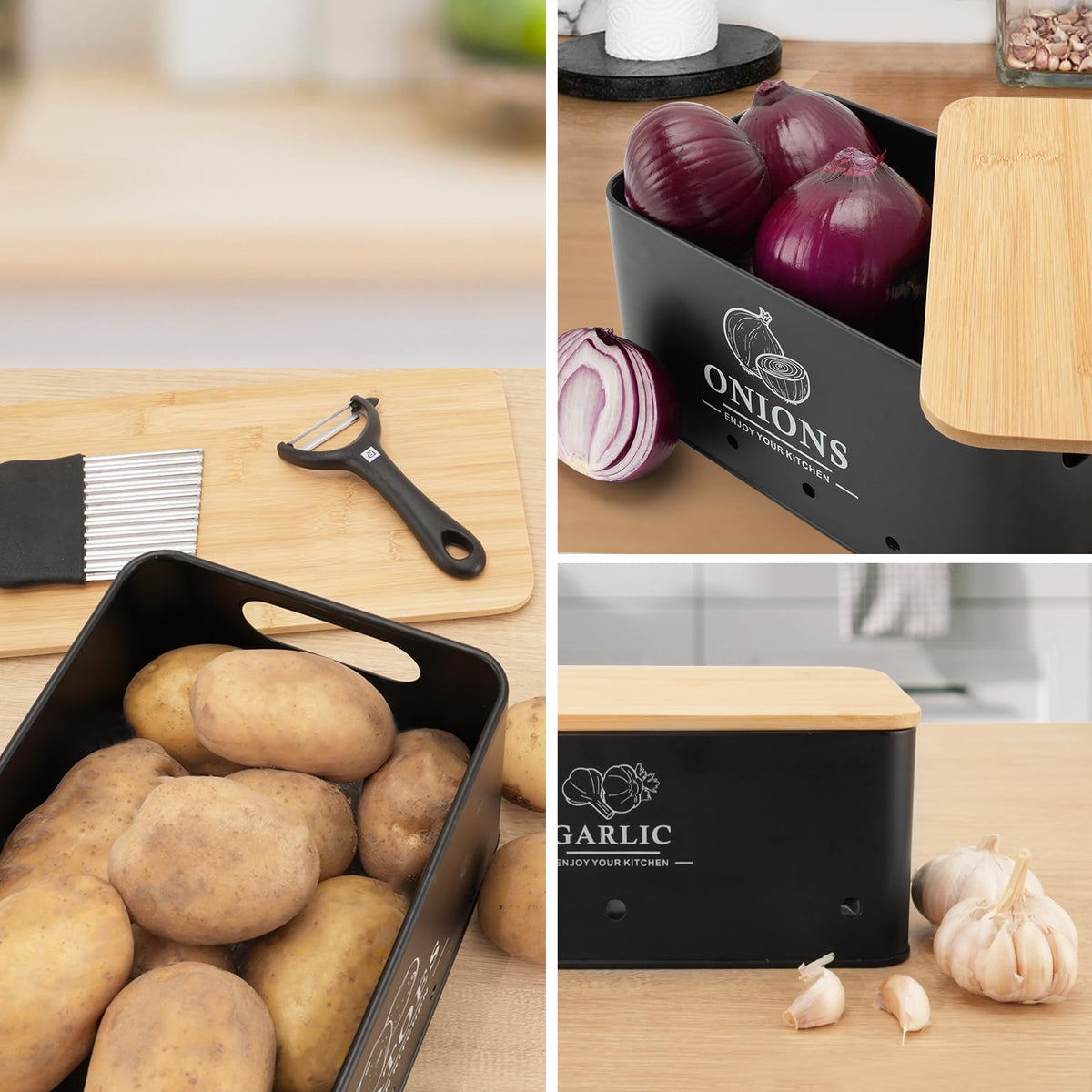 Dekosilave Kitchen Vegetable Storage Set of 3, Metal Onion Garlic Potato Storage Set, Kitchen Canisters Vegetable Keeper Containers with Aerating Holes and Bamboo Lid,Black