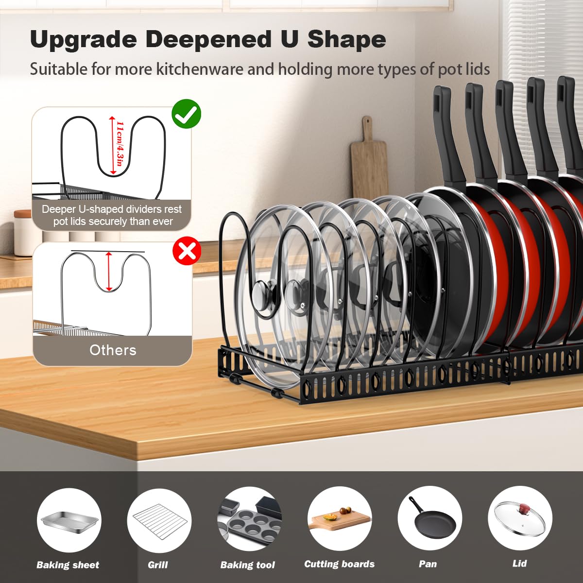 Housolution Pot and Pan Lid Organizer Holder Storage Rack, Black