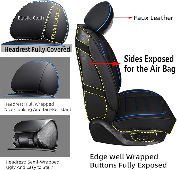 CAPITAUTO Leather Car Seat Covers, Waterproof Faux Leatherette Cushion Cover for Cars SUV Pick-up Truck Universal Fit Set for Auto Interior Accessories(2 Front Blue&Black)