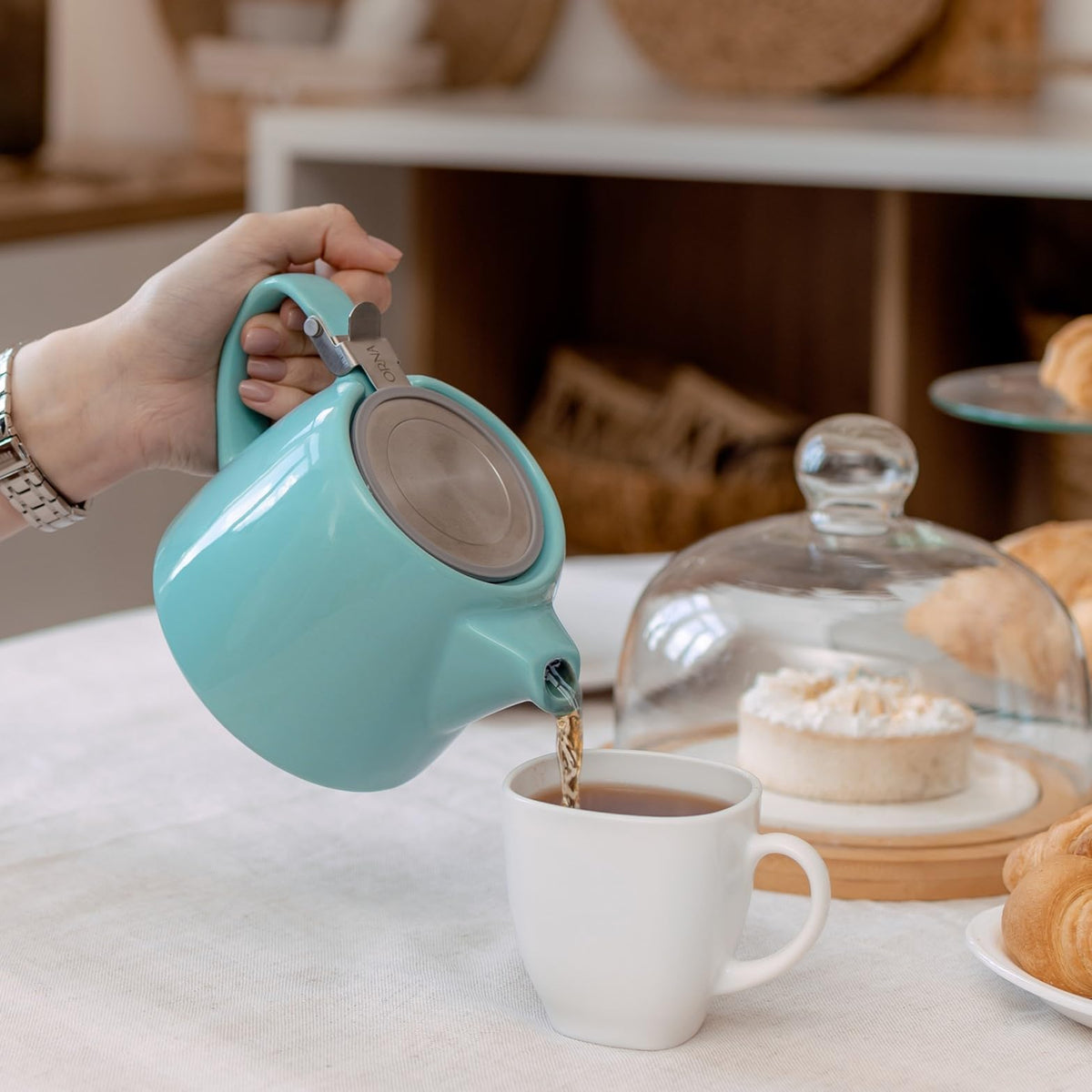 ORNA Ceramic Teapot with Tea Infuser – Small Tea Pot for Loose Leaf Tea – 550ml / 18.6 Oz Non-Stove Porcelain Teapot for 2 Cups with Tea Strainer (Turquoise)