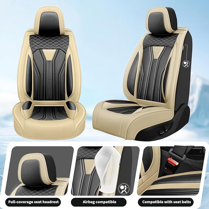 Fit Juke Car Seat Covers Compatible with Nissan Juke 2012-2015 2016 - Premium Leather， Waterproof Breathable， All-Weather Seat Cushion Protecto&Airbag Compatible (2 Front Seat Beige&Black)