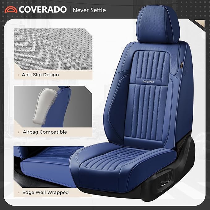 Coverado Car Seat Covers Front Seats, Seat Covers for Cars, Car Seat Protector, 2-Pack Car Seat Cushion Nappa Leather, Waterproof Seat Covers Carseat Cover Universal Fit for Most Cars Trucks(Blue)