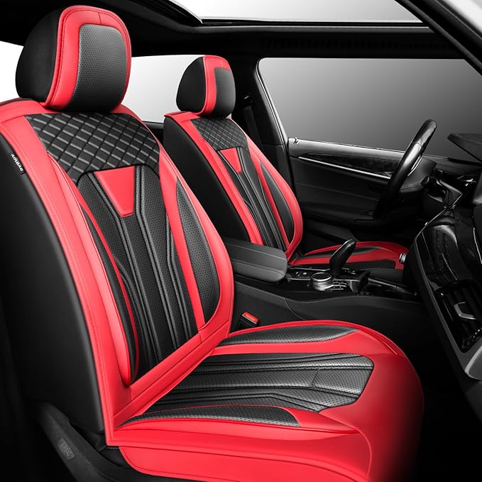 Fit Sentra Car Seat Covers Compatible with Nissan Sentra 2001-2025 2026 - Premium Leather， Waterproof Breathable， All-Weather Seat Cushion Protecto&Airbag Compatible (2 Front Seat Red&Black)