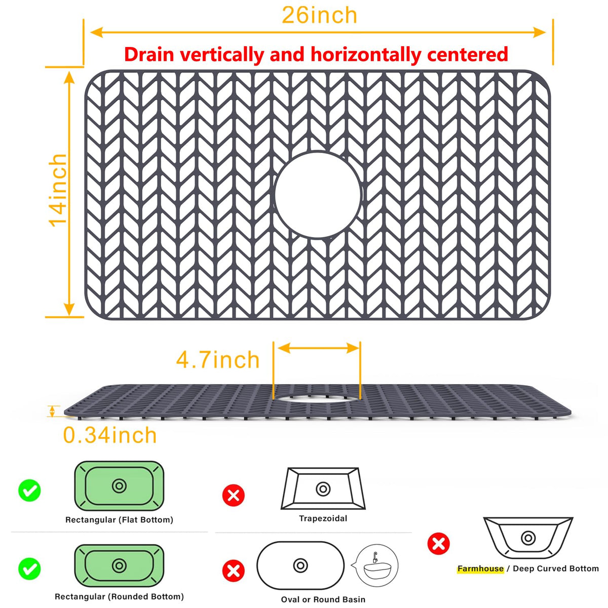 JOOKKI Sink Protectors for Kitchen Sink 12"13"16"18"19"24"26"28"29"30",Silicone kitchen sink mats protector for bottom of farmhouse sink(26"x14"Center Drain Gray)