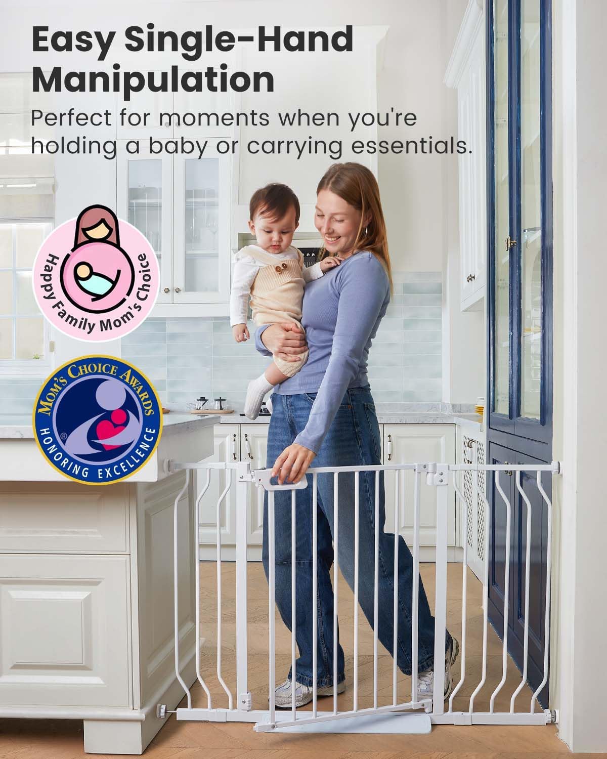 Mom's Choice-GROWNSY Baby Gate for Stairs, 29.5"-48.4" Pressure Mounted Baby Gate for Top of Stair&Doorway with V-Shaped Rods, Anti-Trip Pedal, Extra Wide Stairs Dog Gate Easy Install w/Red Reminder