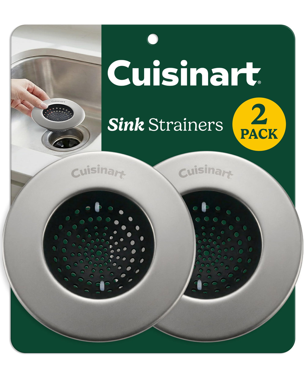 Cuisinart Sink Strainers- 2 Pack Kitchen Sink Drain Strainer & Food Catcher with Enamel-Coated Stainless Steel Rim and Silicone Base, Fits Standard 3.5" Drains, Outer Diameter 4.35", Scratch-Safe